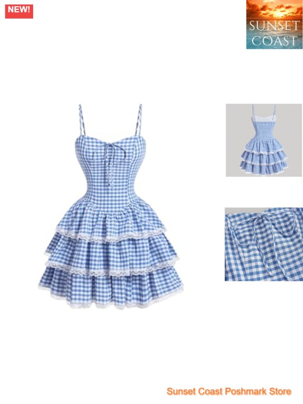 Y2K Gingham Plaid Mini Dress Lace Trim A-Line Ruffle Hem Cami Dress